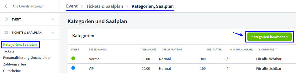 Einstellungen Ticketkategorien II