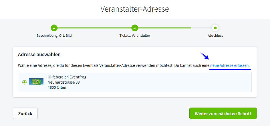 Event erstellen Veranstalter Adresse I