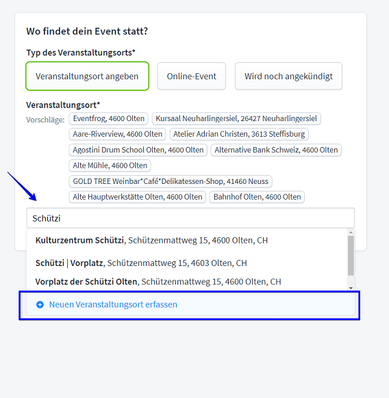 Eventerfassung neue Location