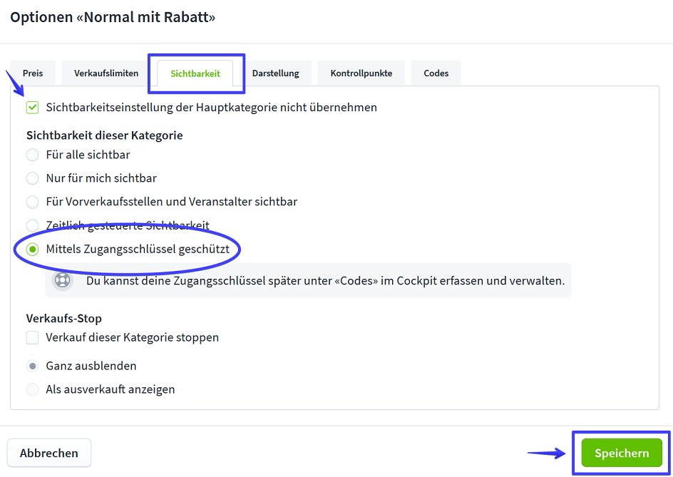 Screenshot Zugangsschlüssel IX Subkategorien Saalplan Anlegen III